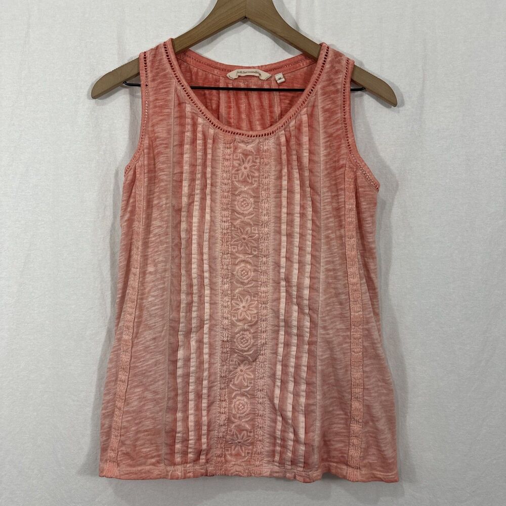 Soft Surroundings Coral Embroidered Sleeveless Tank Top Womens Sz XS Beach Boho